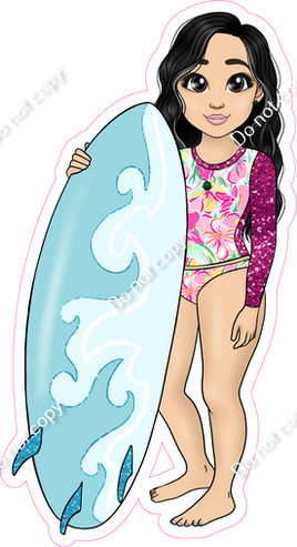 Light Skin Tone - Black Hair Girl with Surfboard - Pink Clothes w/ Variants