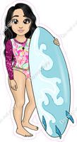 Light Skin Tone - Black Hair Girl with Surfboard - Pink Clothes w/ Variants
