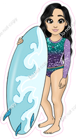Light Skin Tone - Black Hair Girl with Surfboard - Purple Teal Ombre Clothes w/ Variants