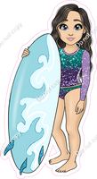Light Skin Tone - Brown Hair Girl with Surfboard - Purple Teal Ombre Clothes w/ Variants