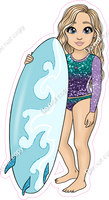 Light Skin Tone - Blonde Hair Girl with Surfboard - Purple Teal Ombre Clothes w/ Variants
