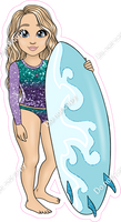 Light Skin Tone - Blonde Hair Girl with Surfboard - Purple Teal Ombre Clothes w/ Variants
