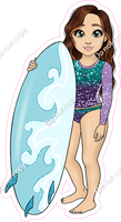 Light Skin Tone - Red Hair Girl with Surfboard - Purple Teal Ombre Clothes w/ Variants