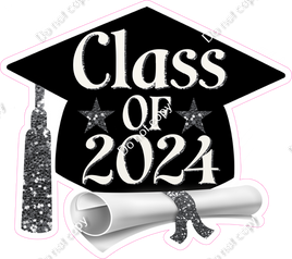 Class of 2024 Grad Hat w/ Diploma - Silver Sparkle w/ Variant