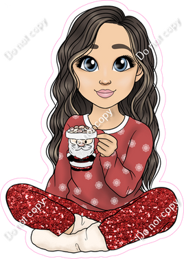 Pajamas - Light Skin Tone - Brown Hair Girl - Drinking Cocoa w/ Variants