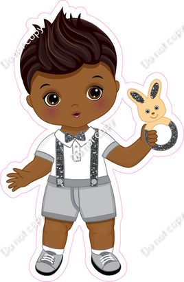 Silver - Dark Skin Tone Boy Holding Bunny Toy