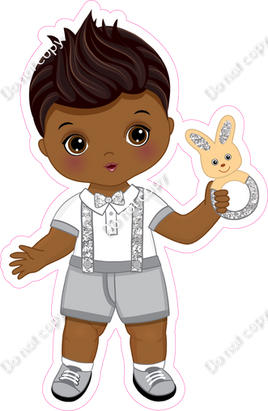 Light Silver - Dark Skin Tone Boy Holding Bunny Toy