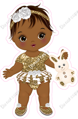 Gold - Dark Skin Tone Girl Holding Bunny Toy
