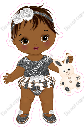 Silver - Dark Skin Tone Girl Holding Bunny Toy