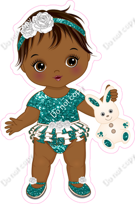 Teal - Dark Skin Tone Girl Holding Bunny Toy