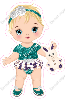 Teal & Purple - Light Skin Tone Blonde Girl Holding Bunny Toy