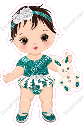 Teal - Light Skin Tone Brown Hair Girl Holding Bunny Toy w/ Variants
