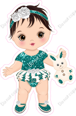 Teal - Light Skin Tone Brown Hair Girl Holding Bunny Toy