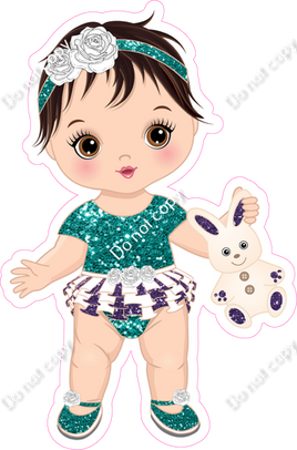 Teal & Purple - Light Skin Tone Brown Hair Girl Holding Bunny Toy w/ Variants