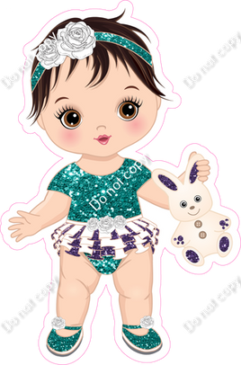 Teal & Purple - Light Skin Tone Brown Hair Girl Holding Bunny Toy