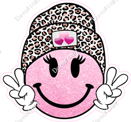 Emoji Face Peace Sign - Baby Pink, Leopard