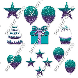 14 pc - Flair Set - Teal & Purple Ombre Sparkle