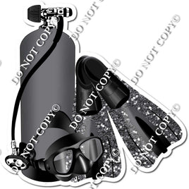 Grey Scuba Tank, Goggles, Silver Fins