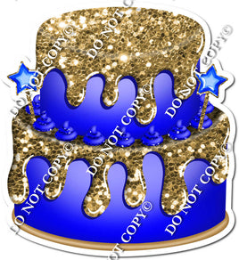 2 Tier Blue Cake, Gold Dollops & Drip