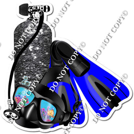Silver Scuba Tank, Goggles, Flat Blue Fins