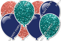 Teal & Coral Sparkle & Flat Navy Blue Horizontal Balloon Panel