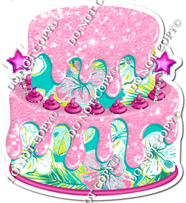 2 Tier Green Floral Cake with Baby Pink Drip