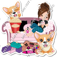 Corgi - Light Skin Tone Brown Hair Girl on Couch w/ Variants