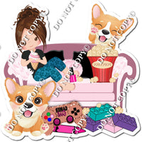 Corgi - Light Skin Tone Brown Hair Girl on Couch w/ Variants