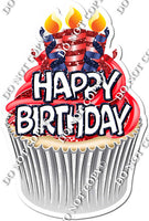 Red & Navy Blue Cupcake with Candles & Happy Birthday