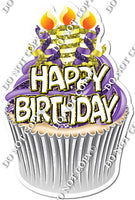 Purple & Yellow Cupcake with Candles & Happy Birthday