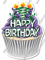 Purple & Green Cupcake with Candles & Happy Birthday