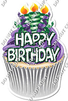 Purple & Green Cupcake with Candles & Happy Birthday