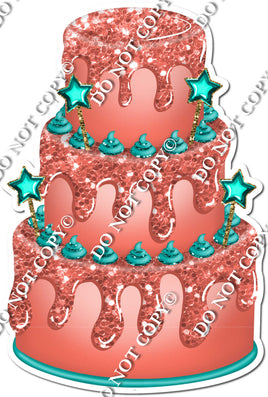 Coral Cake with Teal Stars & Dollops