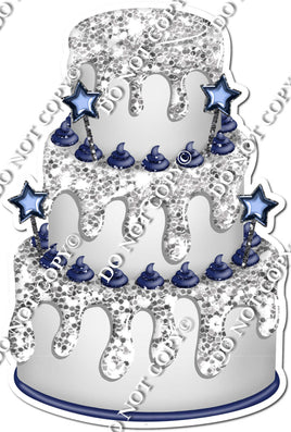 Light Silver Cake with Navy Blue Stars & Dollops