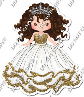 Girl in Dress Wearing Crown - White & Gold Dress w/ Variants