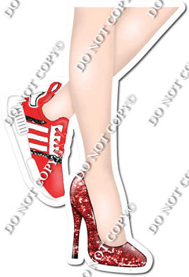 Red - Women's Legs with High Heel & Tennis Shoe
