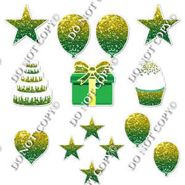 14 pc - Flair Set - Yellow & Green Ombre Sparkle