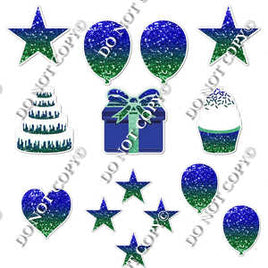 14 pc - Flair Set -  Blue & Green Ombre Sparkle