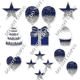 14 pc - Flair Set - Light Silver & Navy Blue Ombre Sparkle