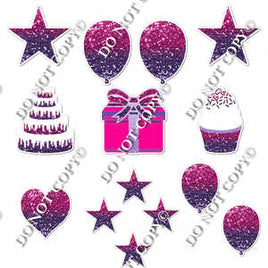 14 pc - Flair Set - Hot Pink & Purple Ombre Sparkle