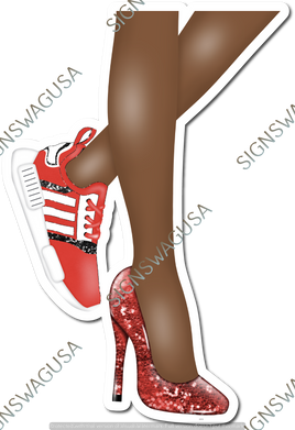 Red - Dark Skin Tone Women's Legs with High Heel & Tennis Shoe