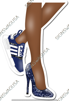 Navy Blue - Dark Skin Tone Women's Legs with High Heel & Tennis Shoe