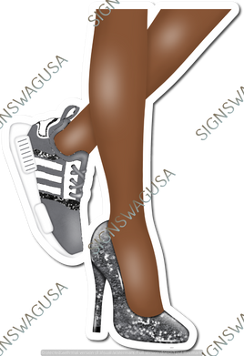 Silver - Dark Skin Tone Women's Legs with High Heel & Tennis Shoe