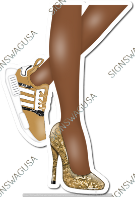 Gold - Dark Skin Tone Women's Legs with High Heel & Tennis Shoe