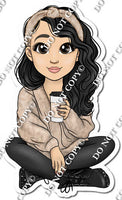 Girl with Coffee - Light Skin Tone - Black Hair w/ Variants