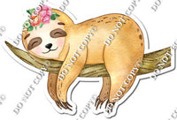 Sloth with Flower in Hair Laying on Branch