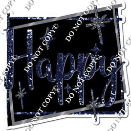 Black Background - Silver Border - Navy Blue Happy Birthday Statement w/ Variants
