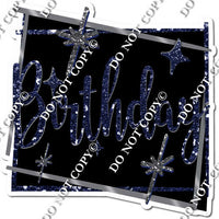 Black Background - Silver Border - Navy Blue Happy Birthday Statement w/ Variants