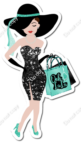 Light Skin Tone Lady with Black Sparkle Dress and Mint Bag w/ Variants