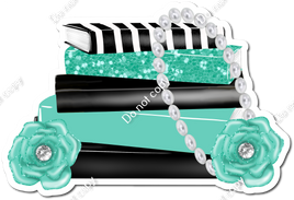 Mint & Black Stack of Books with Flowers and Pearls